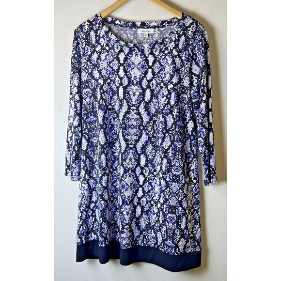 Calvin Klein Snakeskin purple black Stretch Midi Knit Sheath Dress 90's Large - Picture 2 of 10